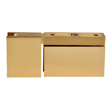 CAR07SB satin brass squared pivot hinge for 8-10mm glass shower door, solid brass, head-and-sill U-clamp design.