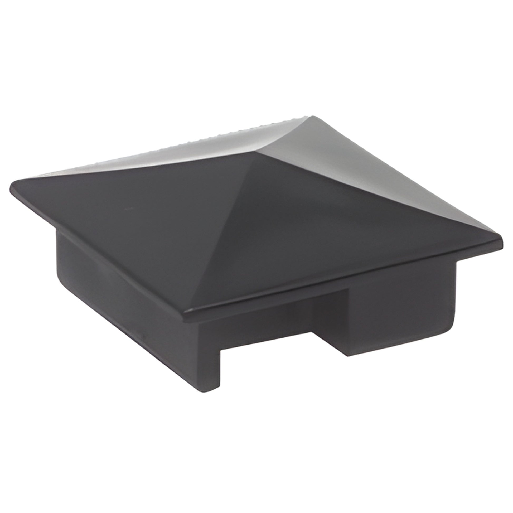 Black plastic pyramidal snap-in sculptured post cap, 1-5/16 in square (SKU 6406001)