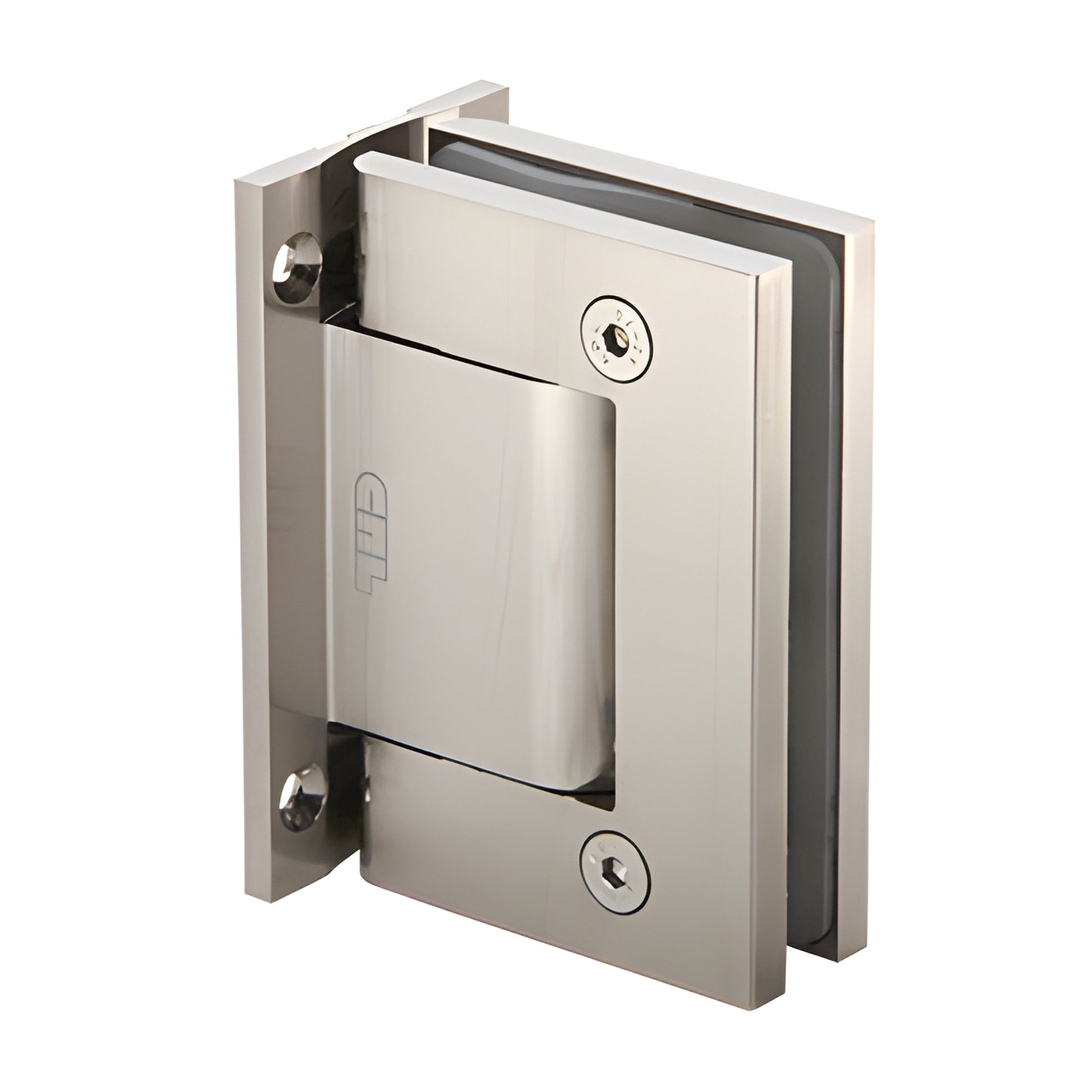 H8010SN satin nickel oil-damped wall-mount glass hinge, self-closing 90 swing, for 8-14mm tempered glass