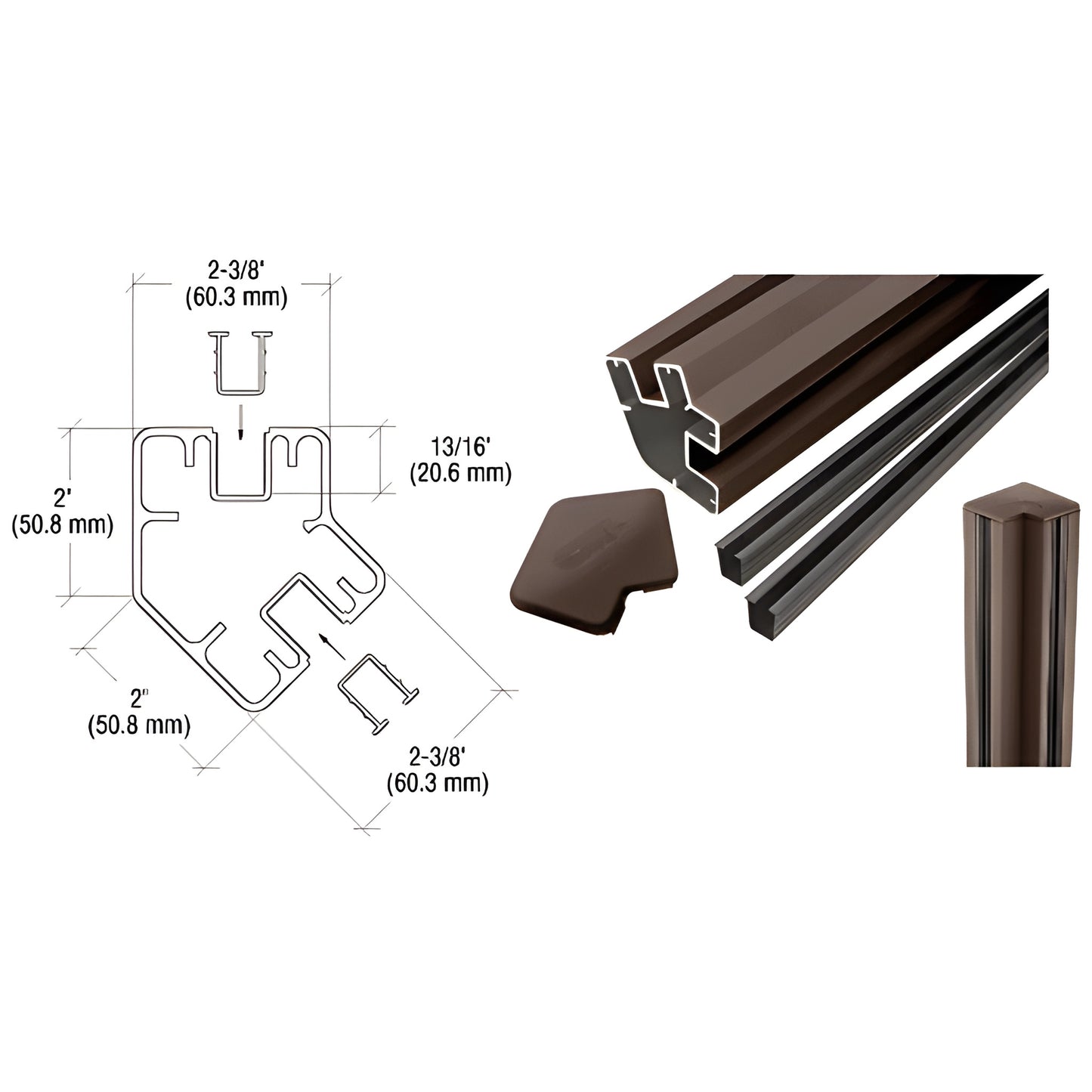 Matte bronze aluminum 135 corner post kit (S365KBRZ) for 1/4-1/2 frameless glass, 36 length with vinyl cap