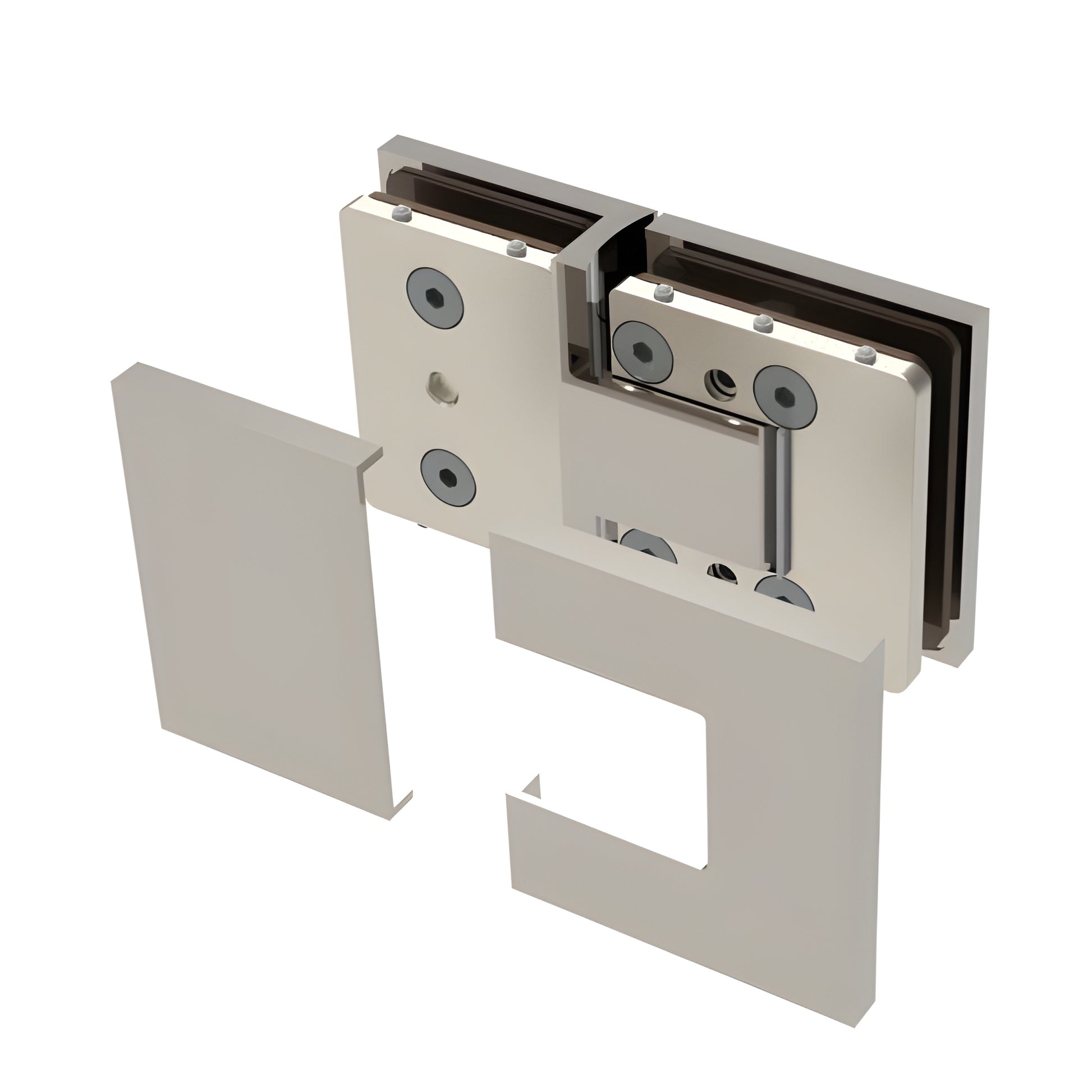 BEL380BN Bellagio concealed glass-to-glass shower hinge, brushed nickel, square modern design