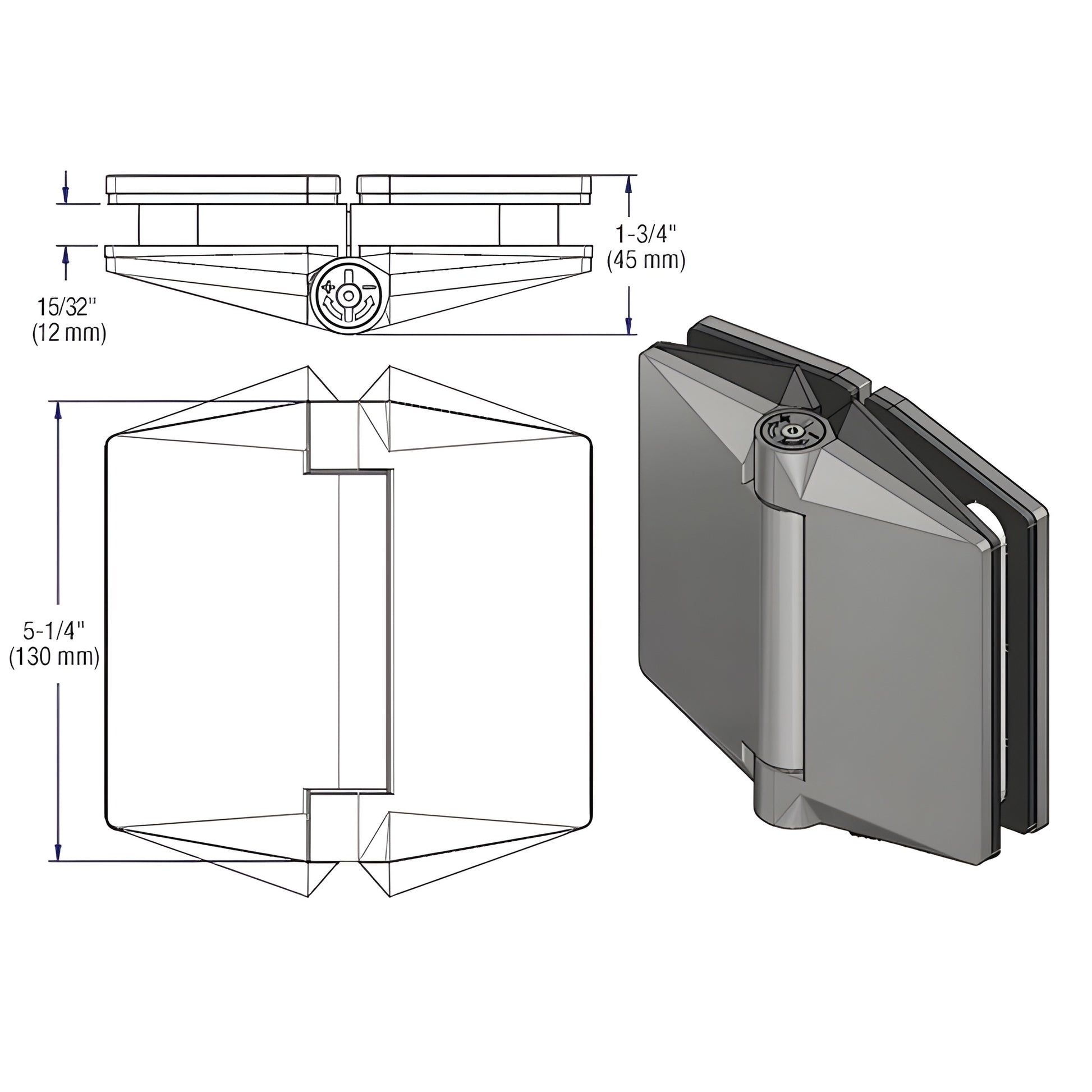 CRL Polaris 130 soft-close hinge, brushed 2205 stainless for frameless glass gates, adjustable tension. SKU P0L180130BS