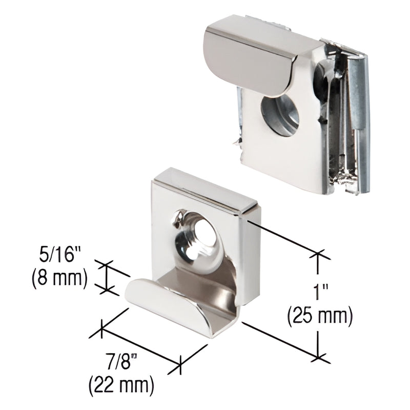Polished chrome nickel-plated spring mirror mounting clips (set of 4), plastic-lined, 1" high, 5/16" lip - SKU 655KE.