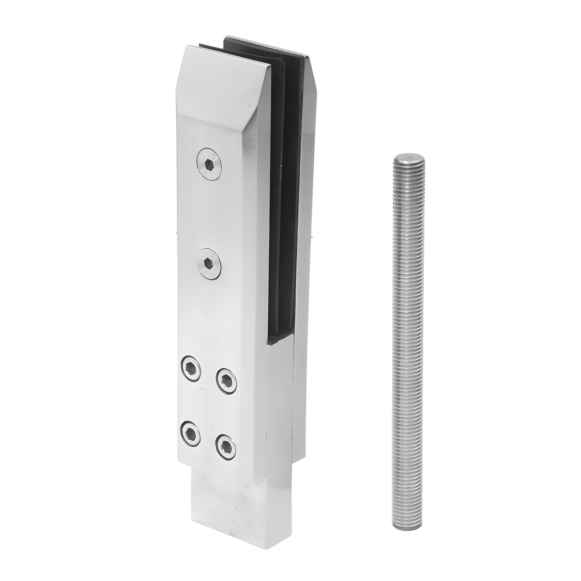 AFWC3 brushed stainless three-piece core-drilled frameless glass clamp with threaded rod, fits 10-14mm tempered glass