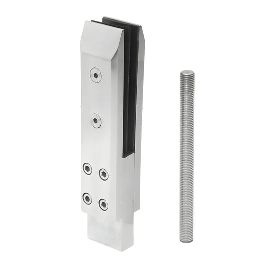 AFWC3 brushed stainless three-piece core-drilled frameless glass clamp with threaded rod, fits 10-14mm tempered glass