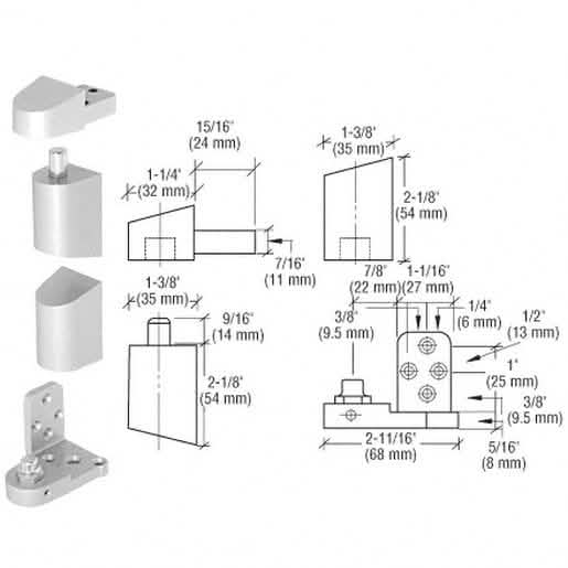 "CRL Aluminum Offset Right Hand Pivot Set with 3/32" Recess for seamless door installation