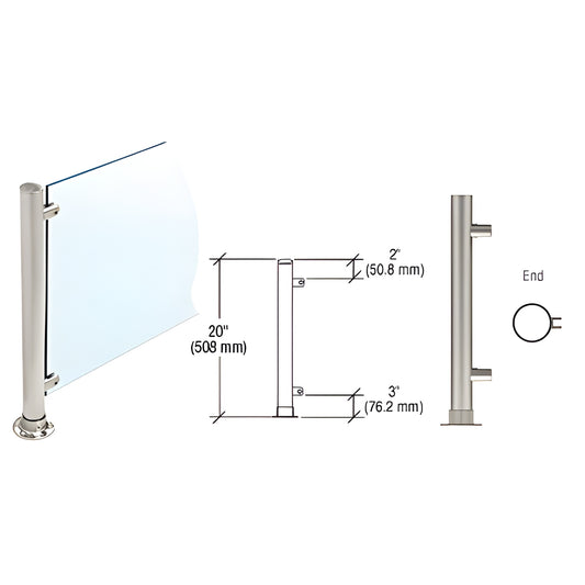 PP57EBS 20" brushed stainless steel slimline round end post for glass partitions, accepts 1/4" or 3/8" glass
