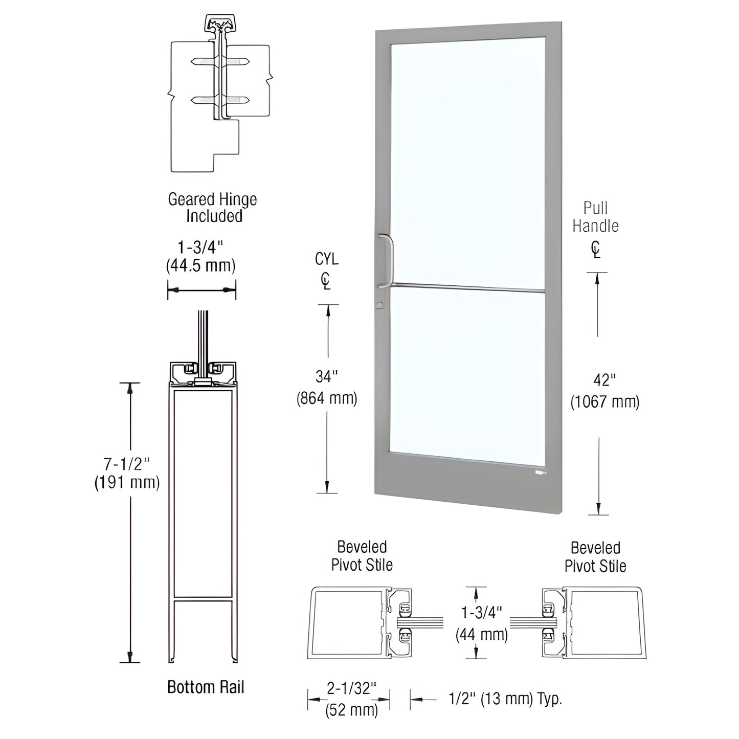 SKU HE21811: clear anodized narrow-stile commercial entrance door with tempered glass, center rail and pull handle.