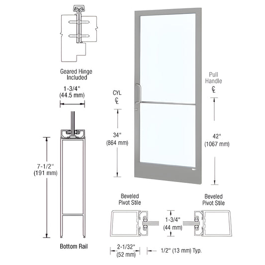 SKU HE21811: clear anodized narrow-stile commercial entrance door with tempered glass, center rail and pull handle.