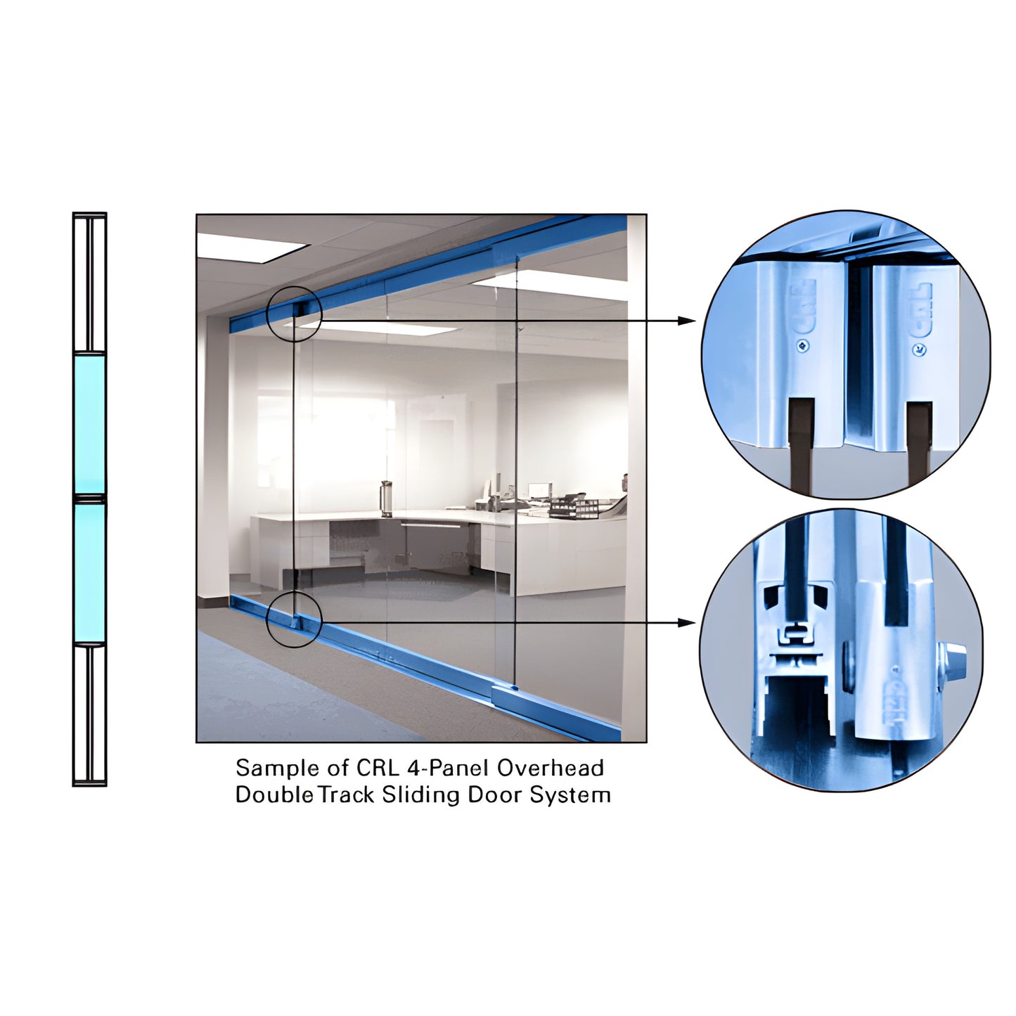 CRL overhead track sliding glass door system with blue powder-coated single track and suspended glass panels - SKU 0TS2PT