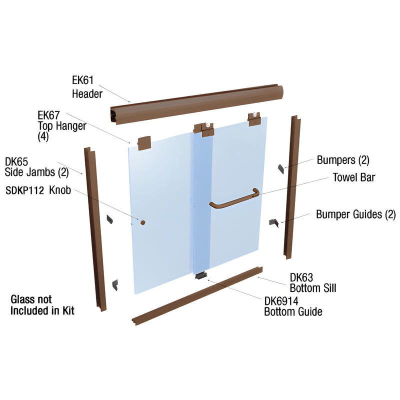 EK1460720RB oil-rubbed bronze frameless sliding shower door kit with top rollers, towel bar, side jambs (glass not included)