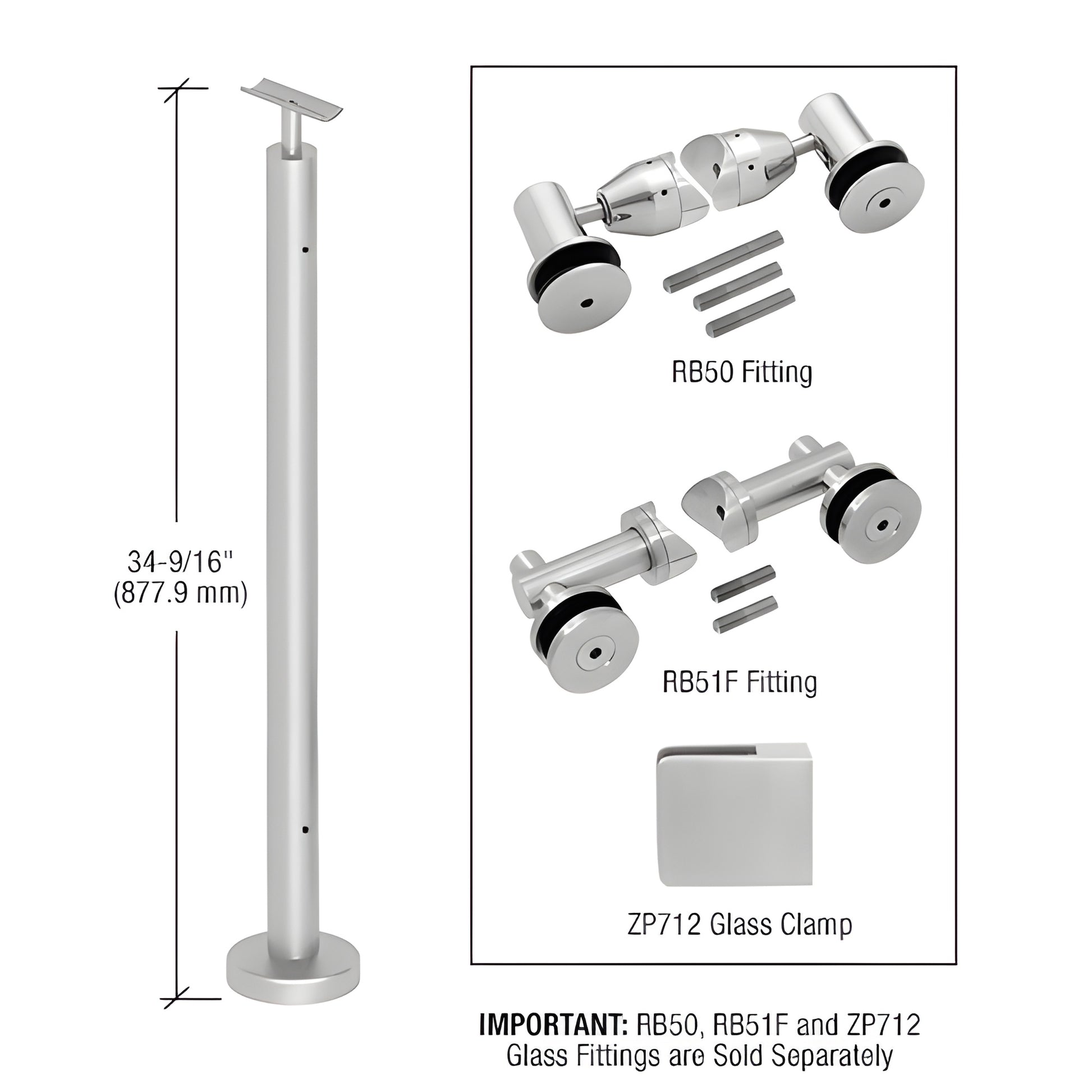 Brushed stainless surface-mounted post railing kit, 34-9/16" tall with base plate and cover; glass fittings sold separately (