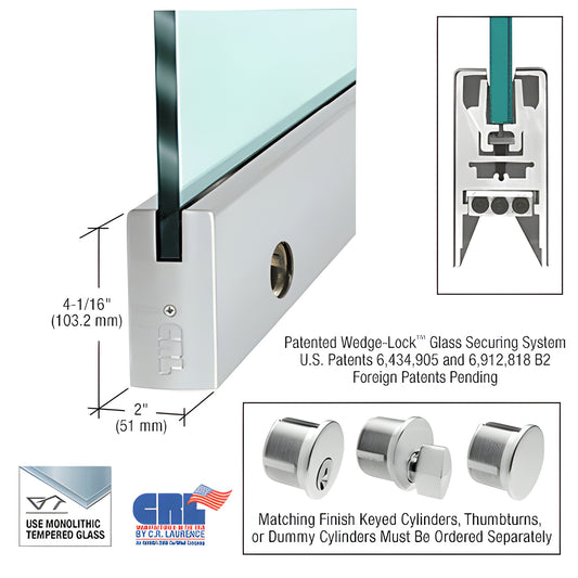 Brushed stainless 4" square 35-3/4" door bottom rail for 3/8" glass with Wedge-Lock and lock, SKU DR4SBS38SL