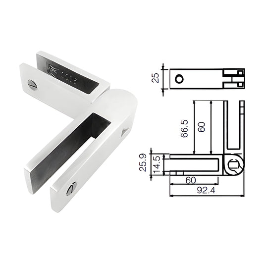 Adjustable glass-to-glass bracing clamp, brushed Duplex 2205 stainless, no-drill installation, fits 10-12mm glass