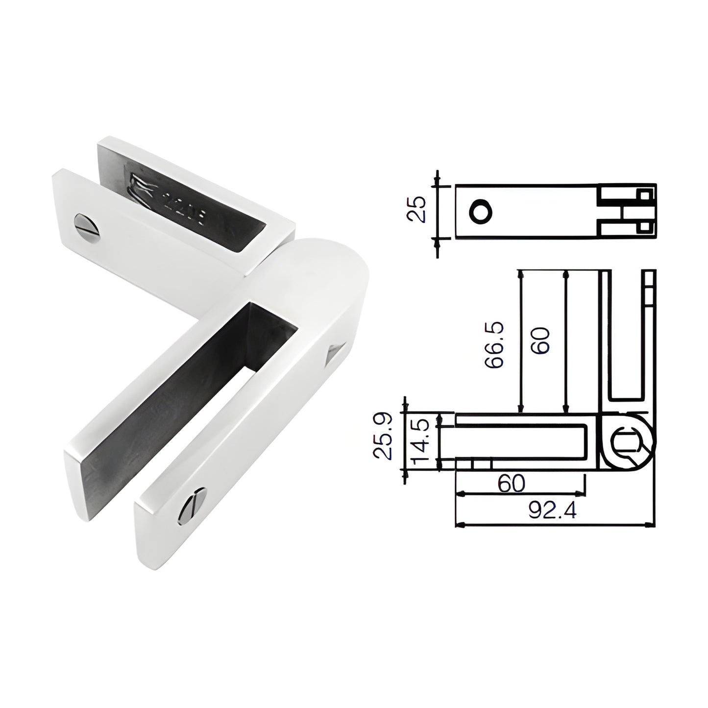 Polished stainless steel adjustable glass-to-glass bracing clamp (SKU GBCADJPS), no-drill, for 10-12mm panels.