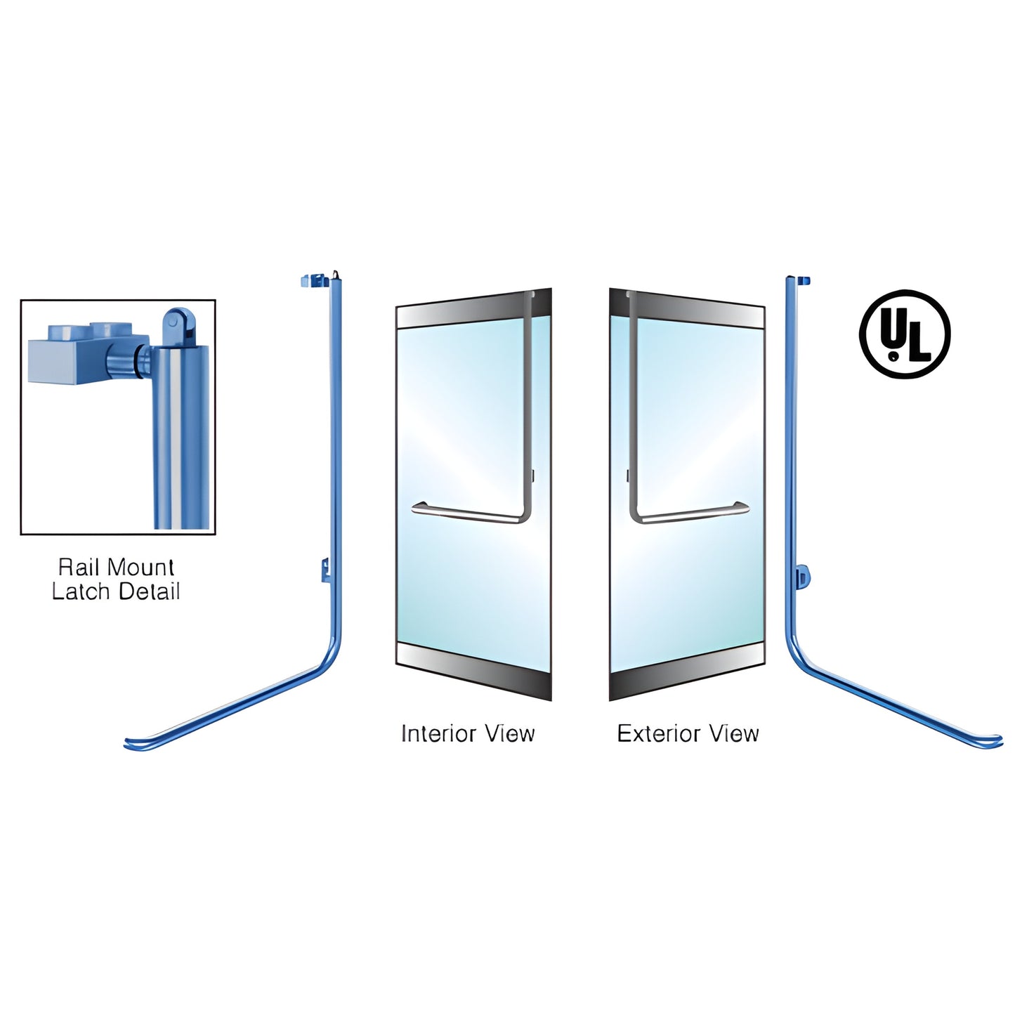 PA100D3RKPT tubular panic rail-mount handle for 1/2-3/4" glass doors, 1-1/4" dia, right-hand reverse, UL listed.