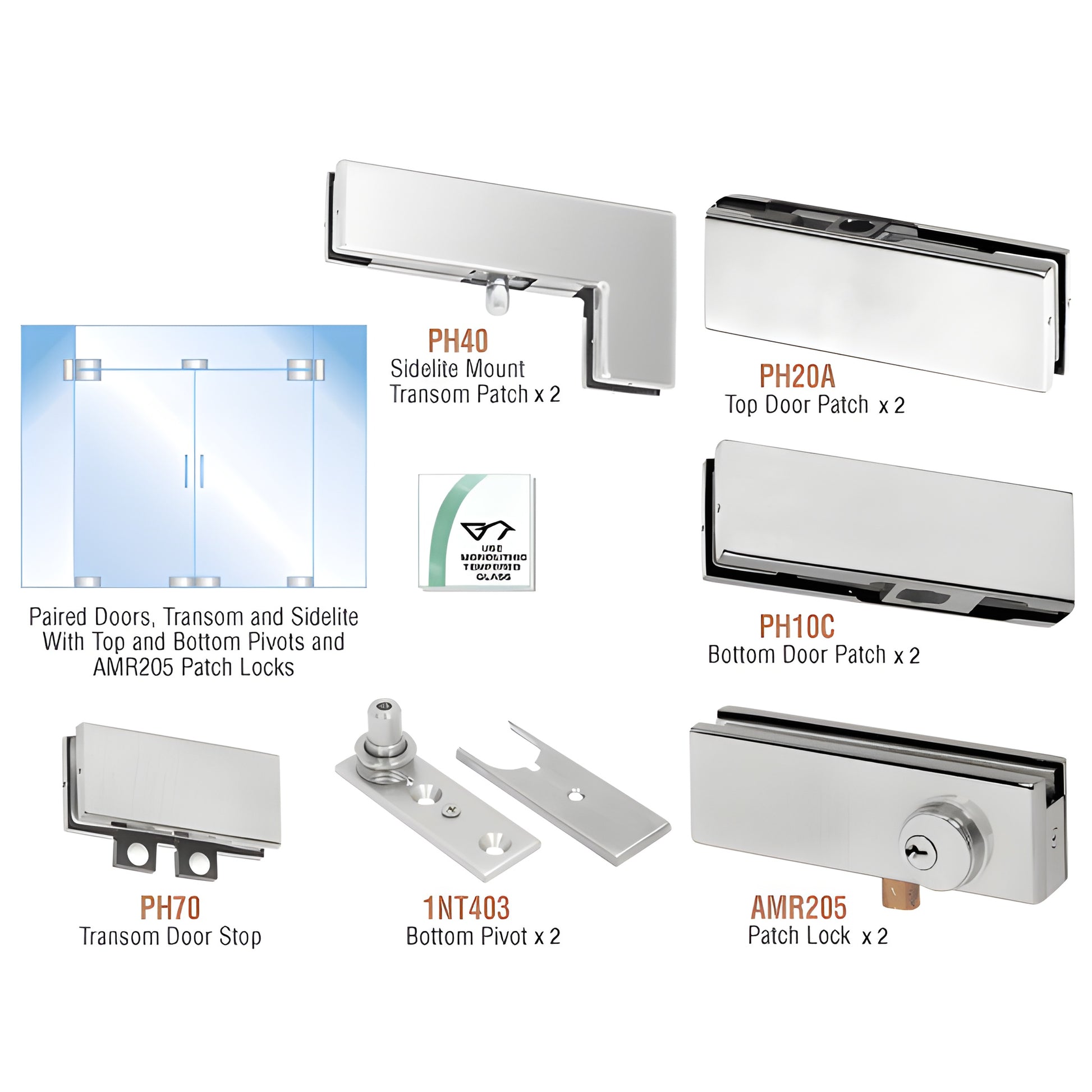 PHA8LBS stainless steel double-door glass hardware kit with pivots, patches, transom/sidelite mounts and patch locks.