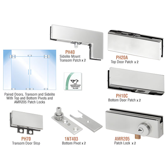 PHA8LBS stainless steel double-door glass hardware kit with pivots, patches, transom/sidelite mounts and patch locks.