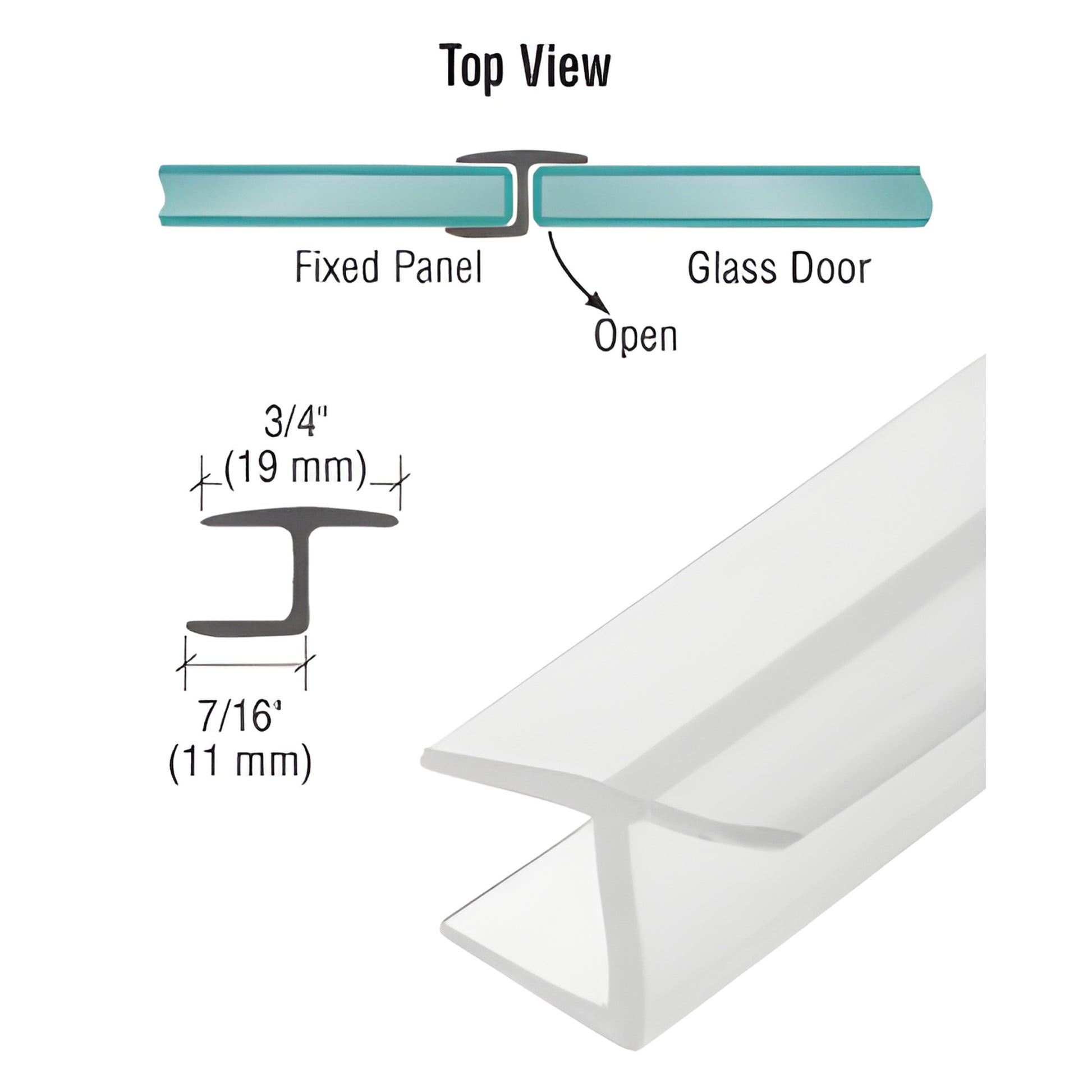 PCC8 clear polycarbonate Y jamb seal, 95 in, 8 mm glazing, soft vinyl single leg for quieter 180 glass-to-glass doors