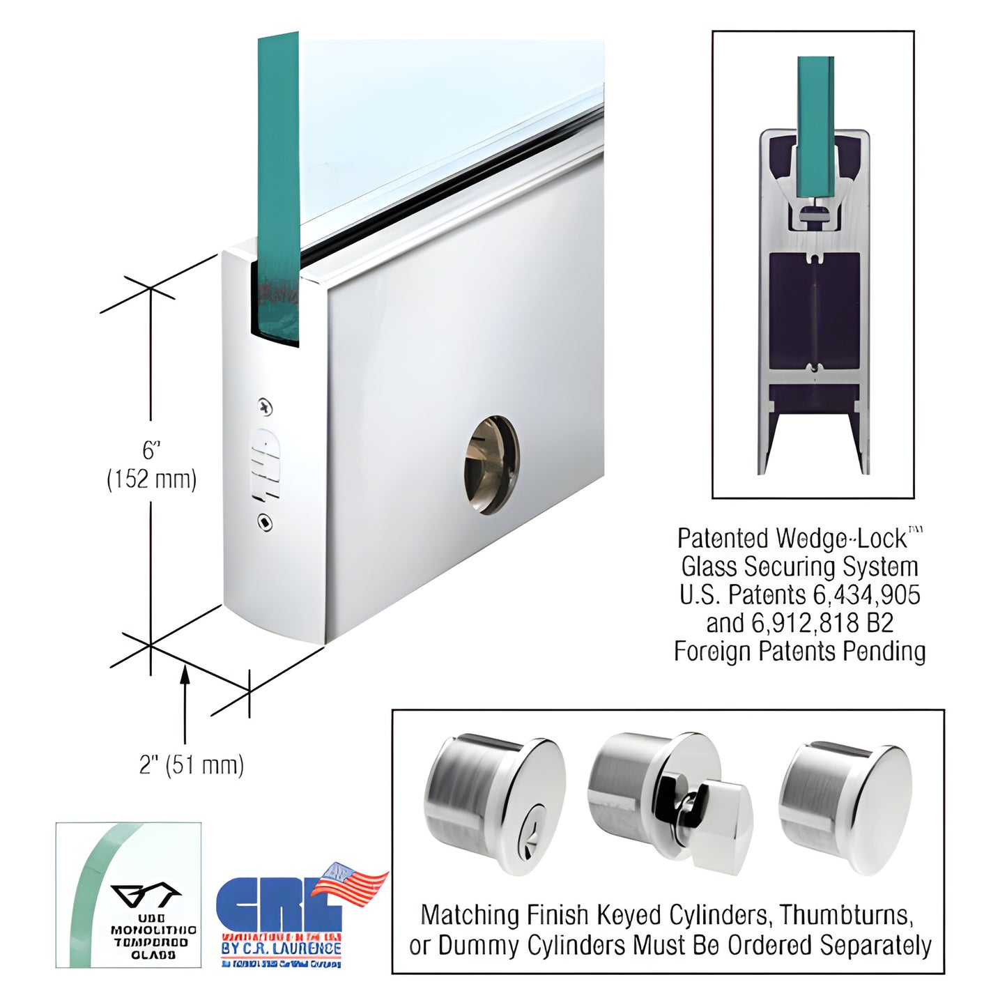 Polished stainless steel CRL Wedge-Lock door rail (SKU DR6SPS12CL), 6" x 2", for 1/2" glass, includes lock