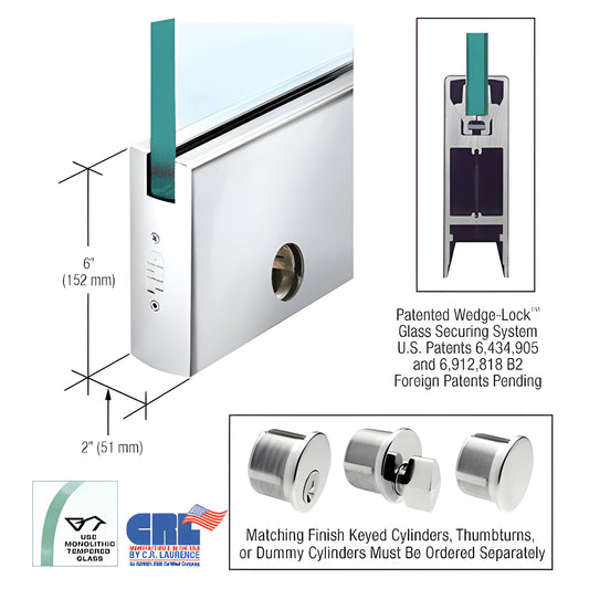CRL Wedge-Lock polished stainless steel 6 in door rail (2 in wide) for 3/8 in glass with built-in lock SKU DR6SPS38CL