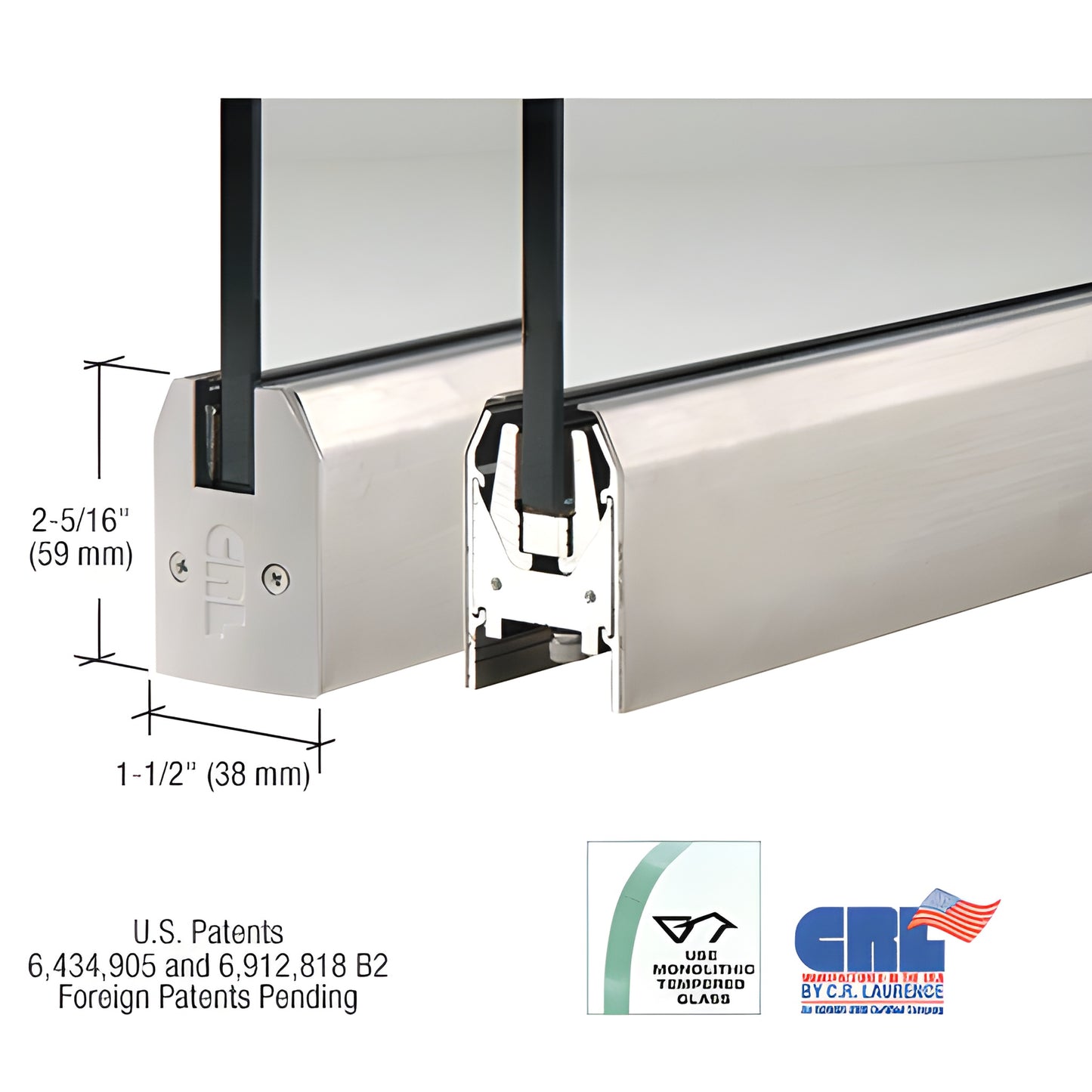 Brushed stainless low-profile 8" door rail for 1/2" glass (2-5/16" H x 1-1/2" W) with Wedge-Lock, SKU DR2TBS12P