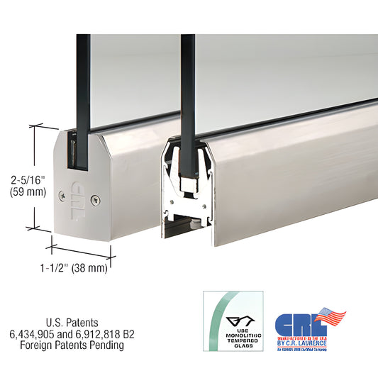 Brushed stainless low-profile door rail (8") for 3/8" glass, 2-5/16" H x 1-1/2" W, wedge-lock system.