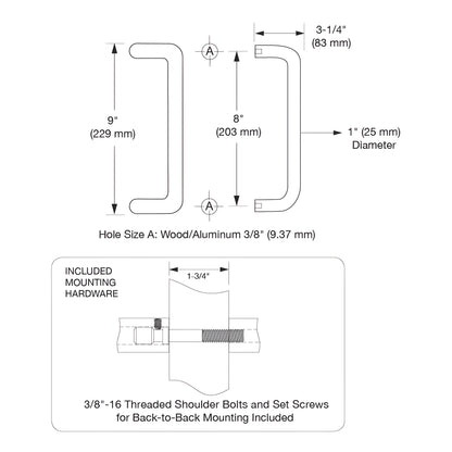 Dark bronze forged aluminum 1" offset pull handles, 8" c-c, back-to-back set with mounting hardware.