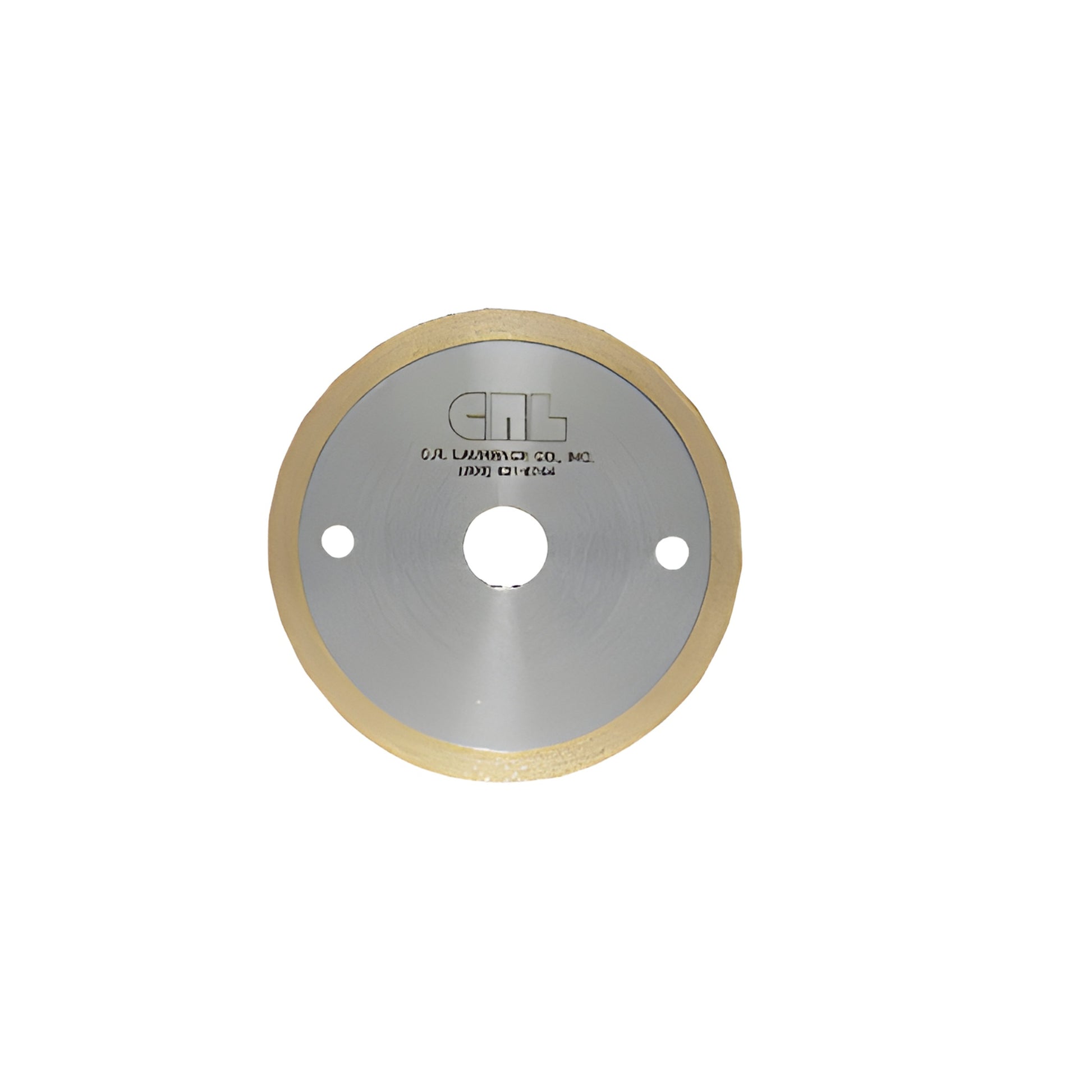 NS3B diamond-impregnated glass cutting blade - 3-3/8" gold rim, silver face with center and two side holes.