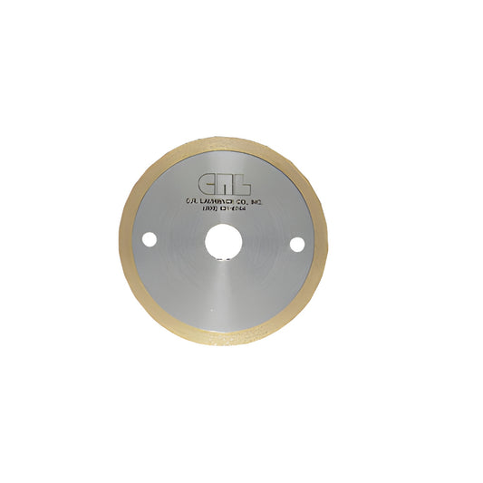 NS3B diamond-impregnated glass cutting blade - 3-3/8" gold rim, silver face with center and two side holes.
