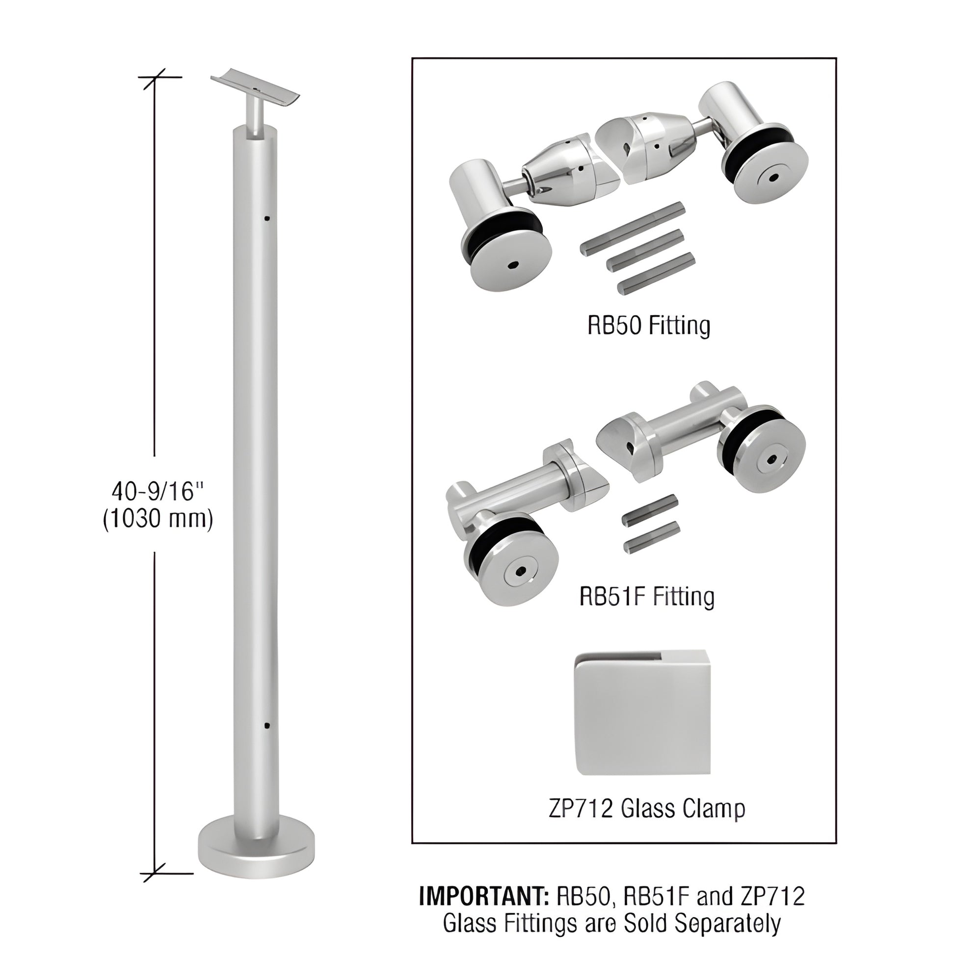 P7F42EBS stainless steel surface-mounted post (40-9/16 / 1030 mm), brushed finish, base plate and cover flange shown.