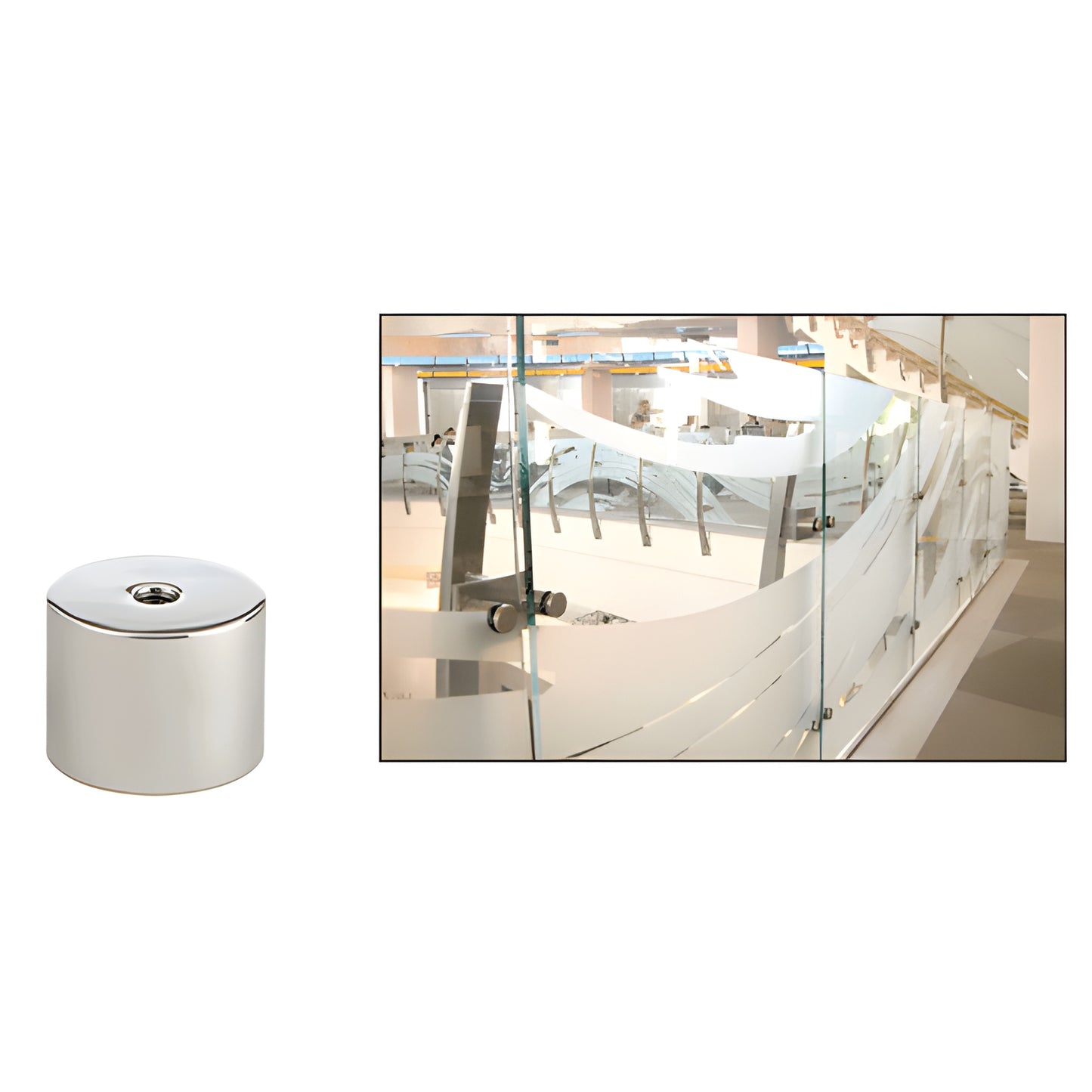 Polished 316 stainless steel 2" diameter standoff base (SKU S0B2112PS) for mounting glass signage and displays.