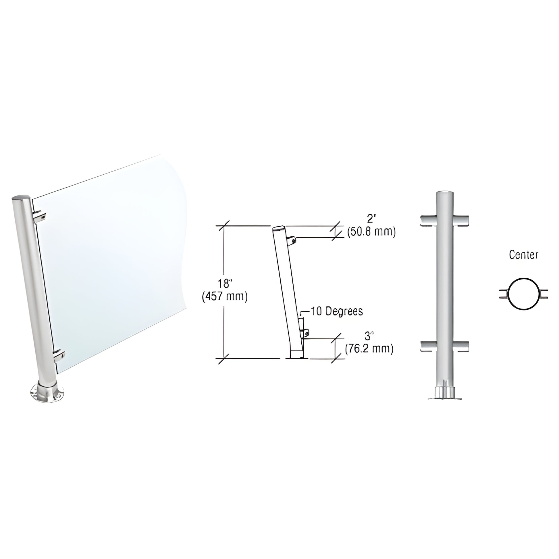 PP46CBS: 18 brushed stainless steel 10 slanted center-post partition, round adhesive flange, flat cap, for 3/8 glass.