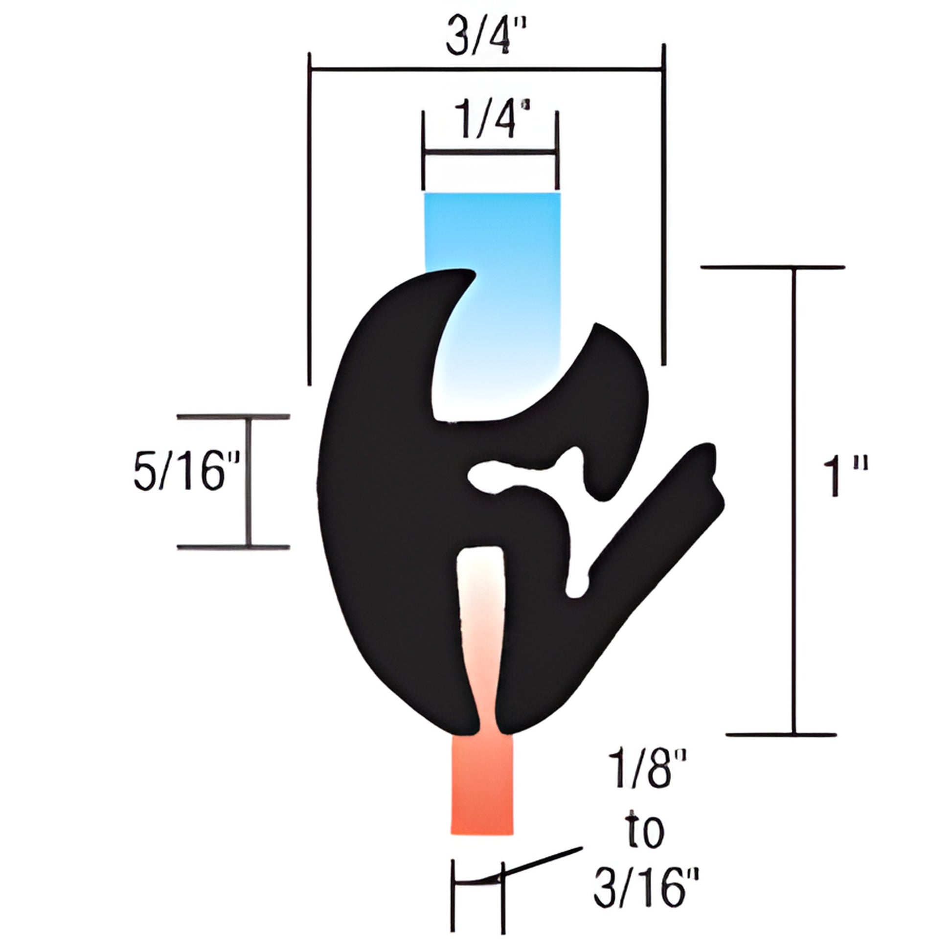 Cross-section of black EPDM self-sealing weatherstrip (SKU 10248), 1" high, 3/4" wide, 1/4" glass fit, 1/8-3/16" base.
