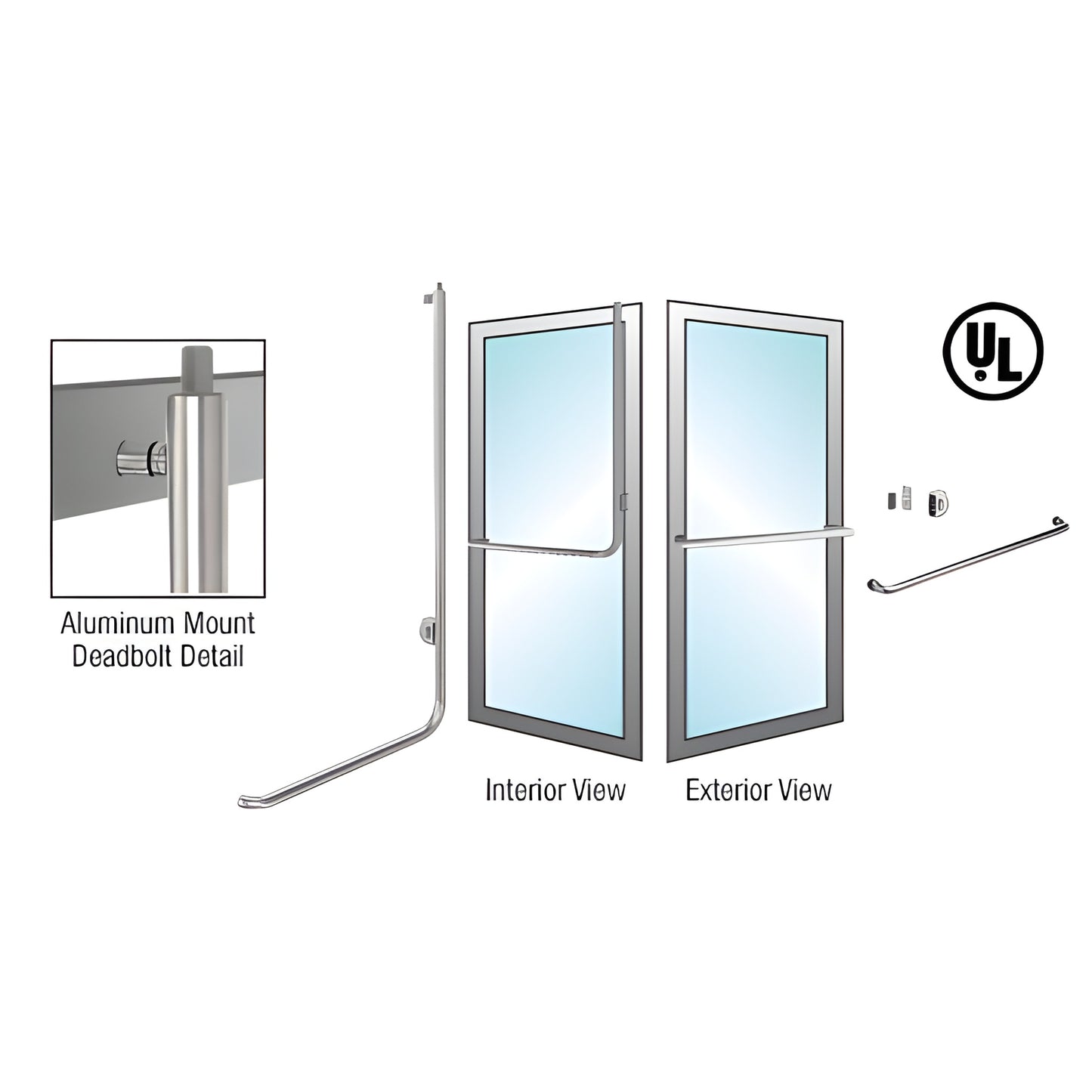 Brushed stainless steel deadbolt exterior fixed handle for tempered glass doors, right-hand reverse, UL listed.