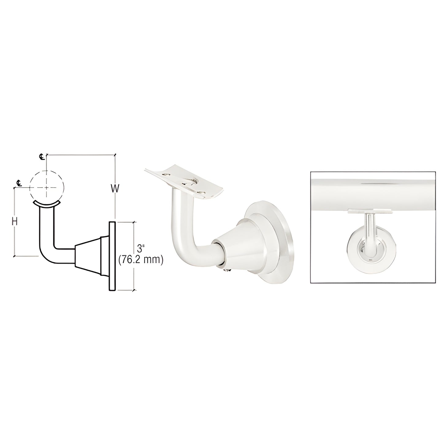 HR2DWPS Newport wall-mounted adjustable stainless steel handrail bracket, polished finish, fits 1-1/2 to 2 in tubing