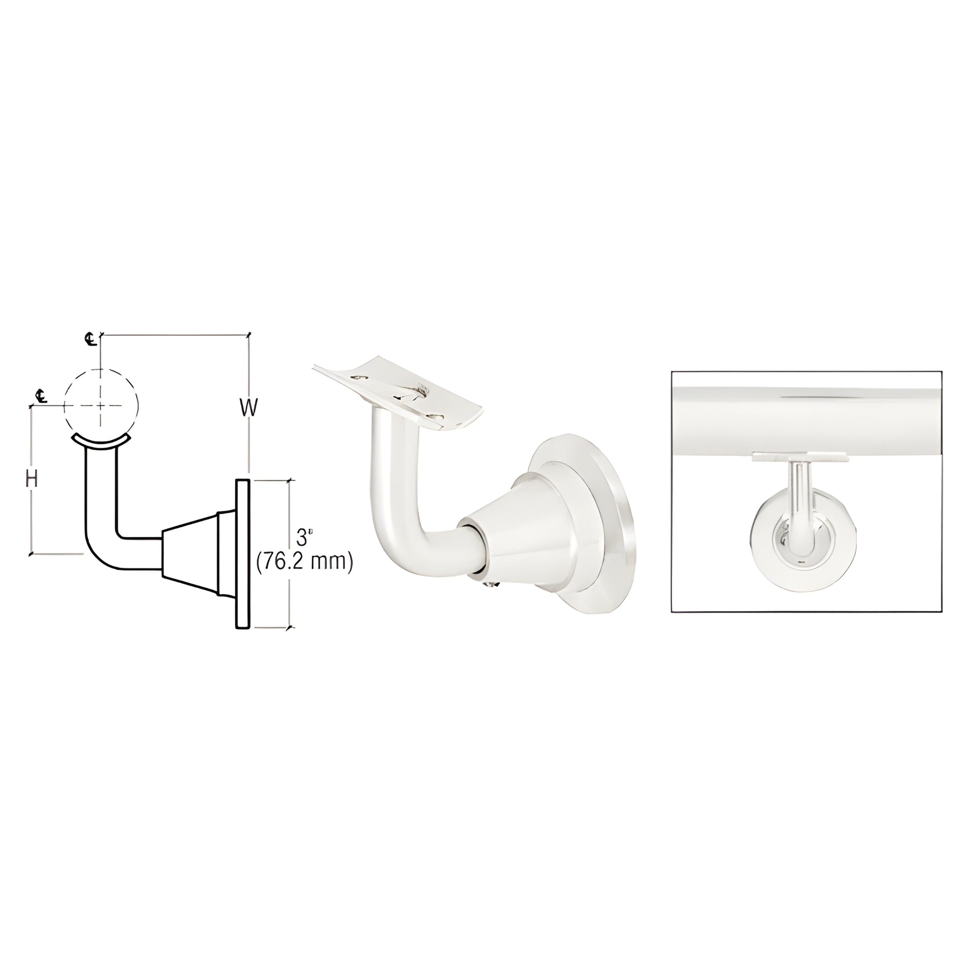 HR2DWPS Newport wall-mounted adjustable stainless steel handrail bracket, polished finish, fits 1-1/2 to 2 in tubing
