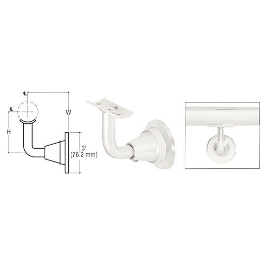 HR2DWPS Newport wall-mounted adjustable stainless steel handrail bracket, polished finish, fits 1-1/2 to 2 in tubing