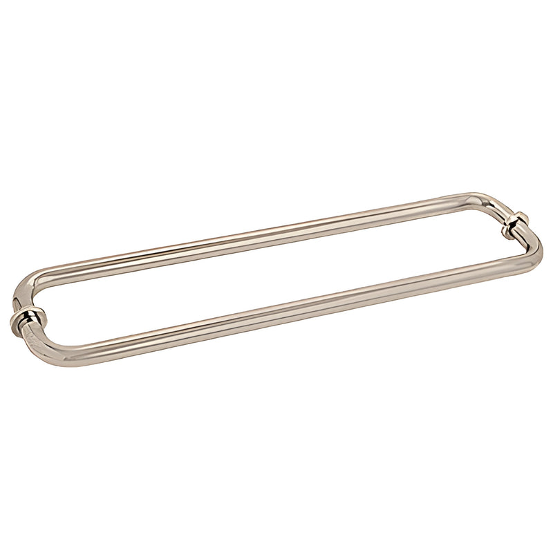 BM18X18SN Satin nickel back-to-back 18" brass towel bar for glass doors, tubular 3/4" with decorative washers.