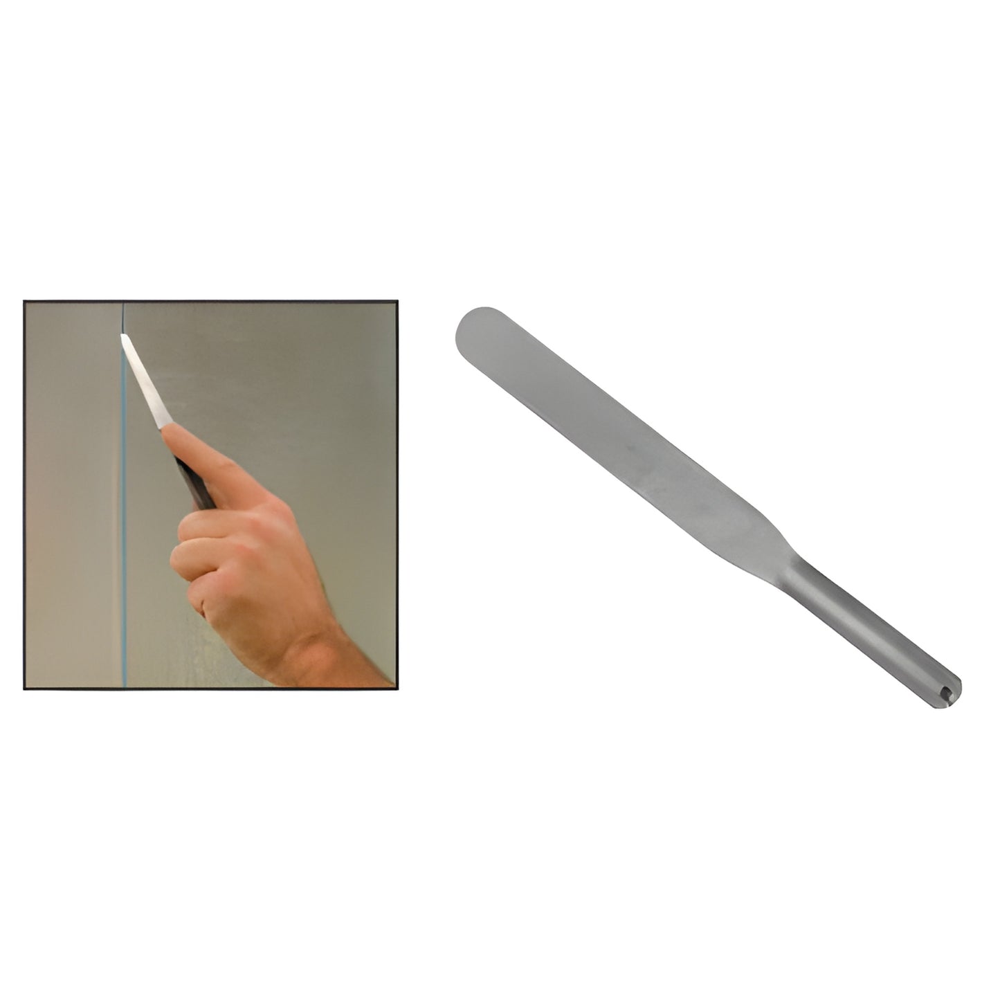 Stainless steel 11in flat flexible sealant spatula (SKU AB9586), shown alone and smoothing a caulk joint.