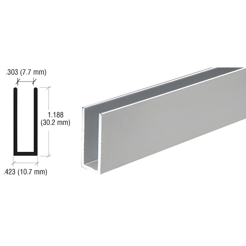 Satin anodized aluminum U channel SKU D626A for 1/4" (6mm) glass - 12' length, 0.423" wide, 1.188" high.