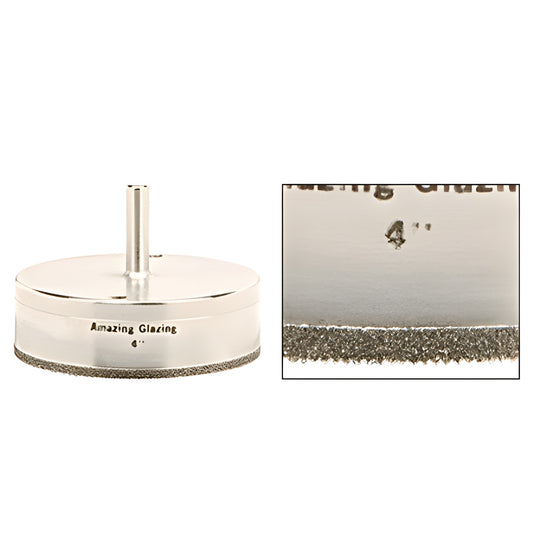 4-inch AG4 diamond-plated glass drill bit, reduced-round 3/8 shank with sawtooth rim close-up