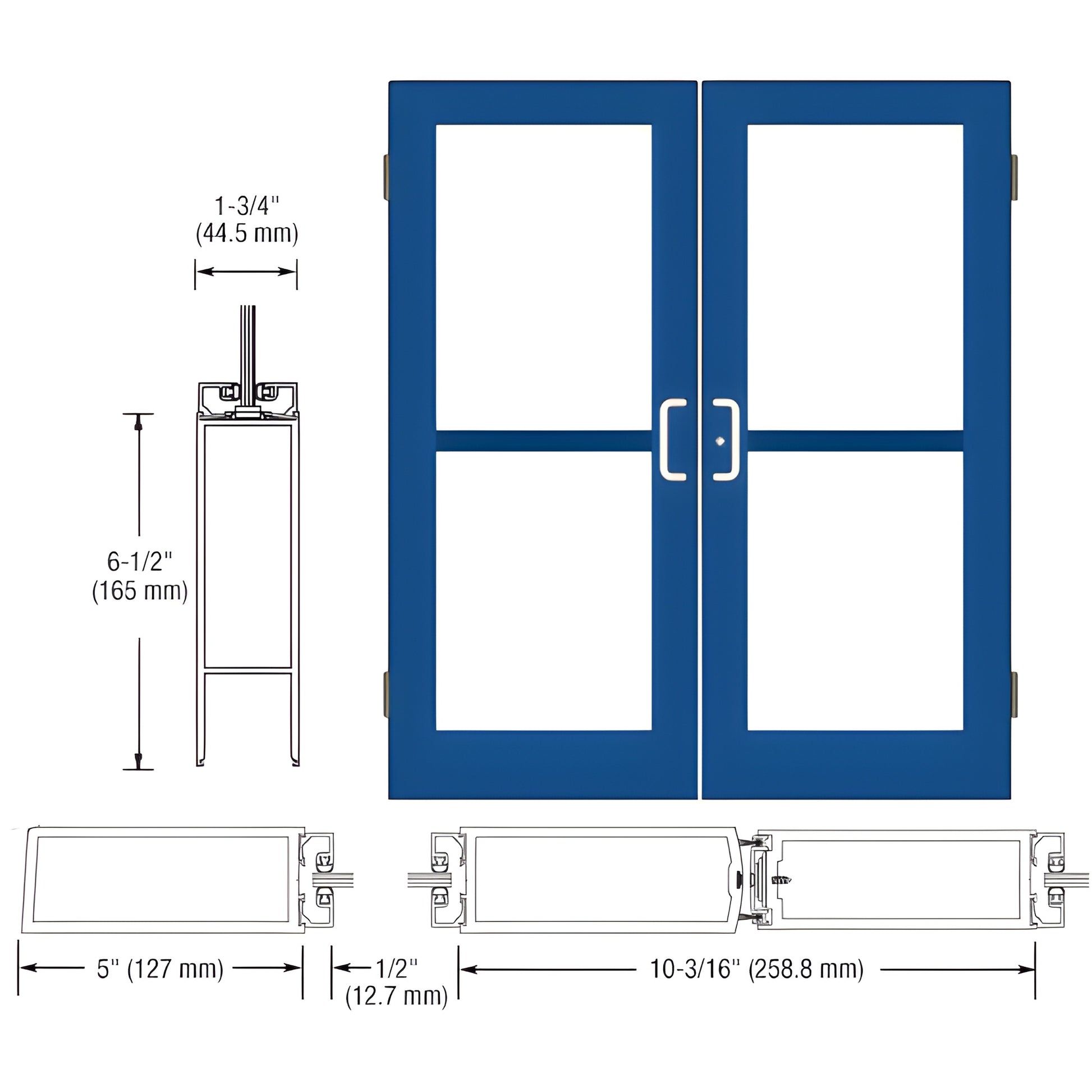 Blue custom wide-stile commercial double glass entrance door with push-pull handles, dimensional callouts (SKU DZ52571)
