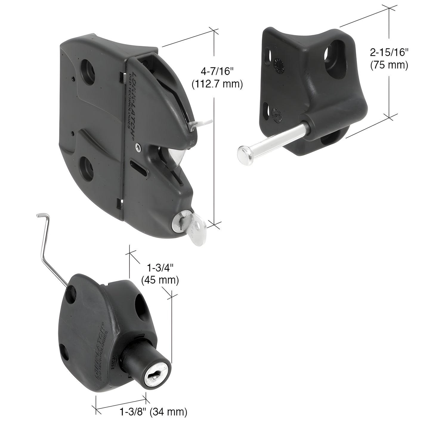 Black Lokk Latch LLA2RBL key locking gate latch kit, glass reinforced polymer with stainless pin for round pipe fences