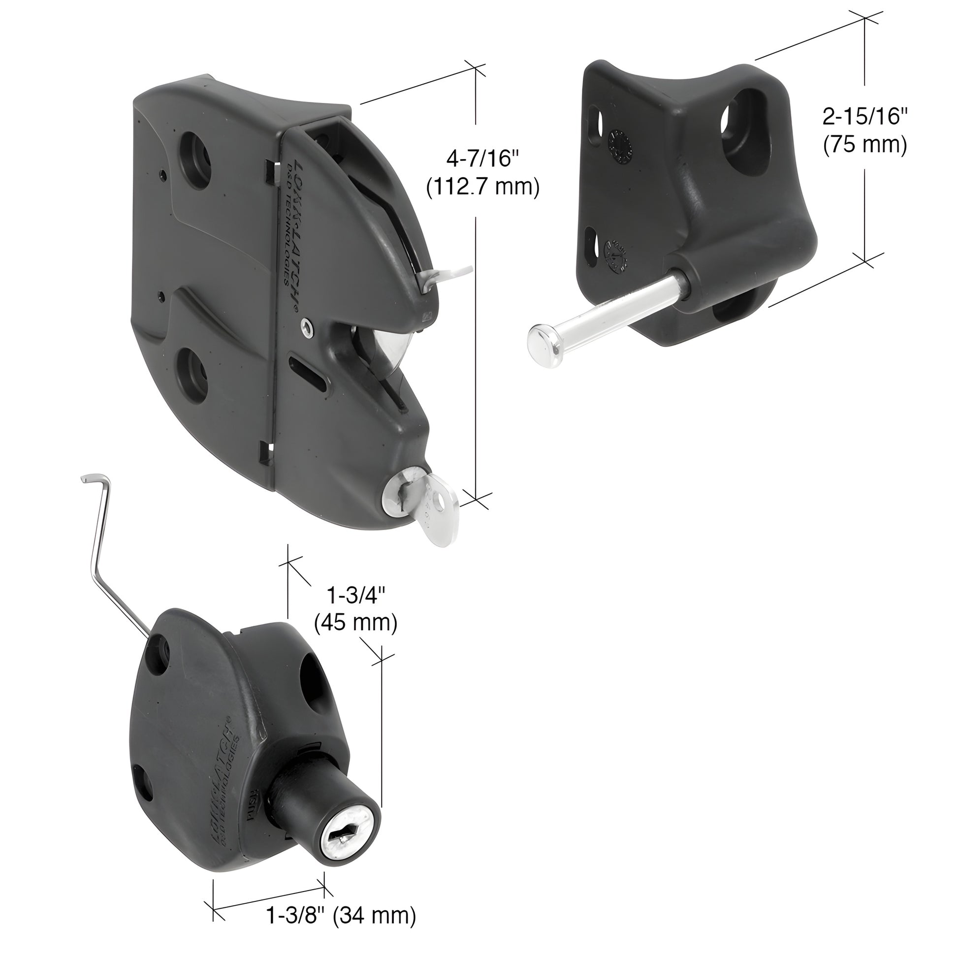 Black Lokk Latch LLA2RBL key locking gate latch kit, glass reinforced polymer with stainless pin for round pipe fences