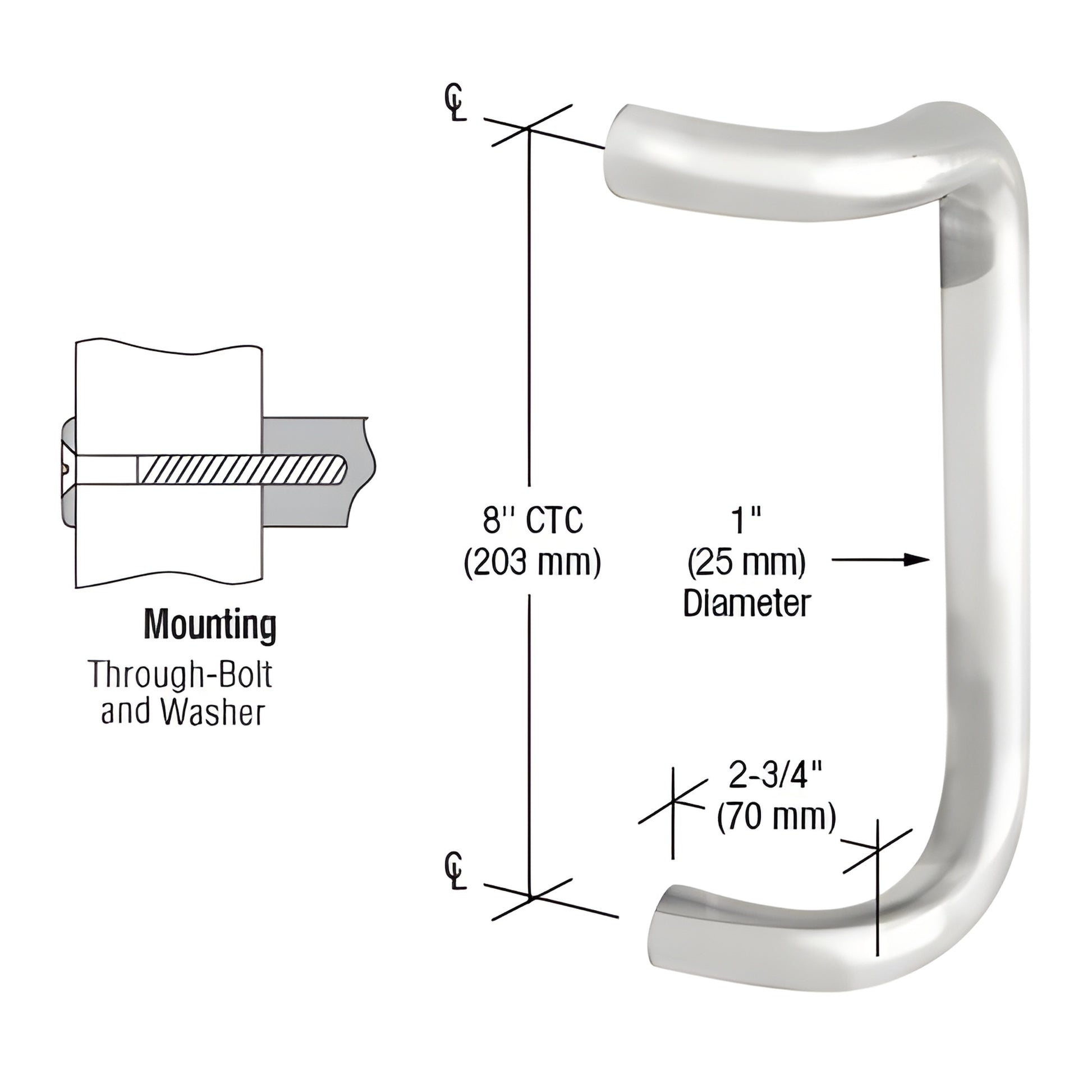 CD8PS single offset door pull polished stainless 1 in dia 8 in CTC 2-3/4 in projection