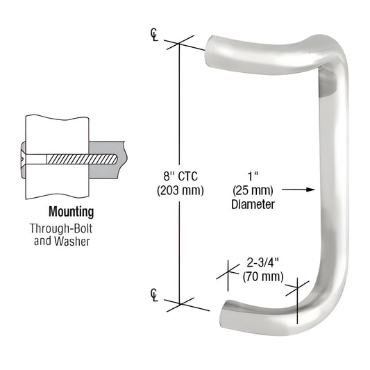 CD8PS single offset door pull polished stainless 1 in dia 8 in CTC 2-3/4 in projection