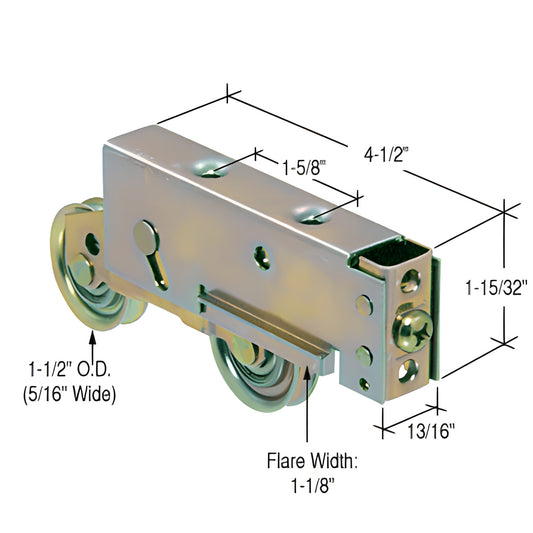 D1924 steel tandem sliding glass door roller assembly, adjustable housing, two 1.5" concave steel rollers.