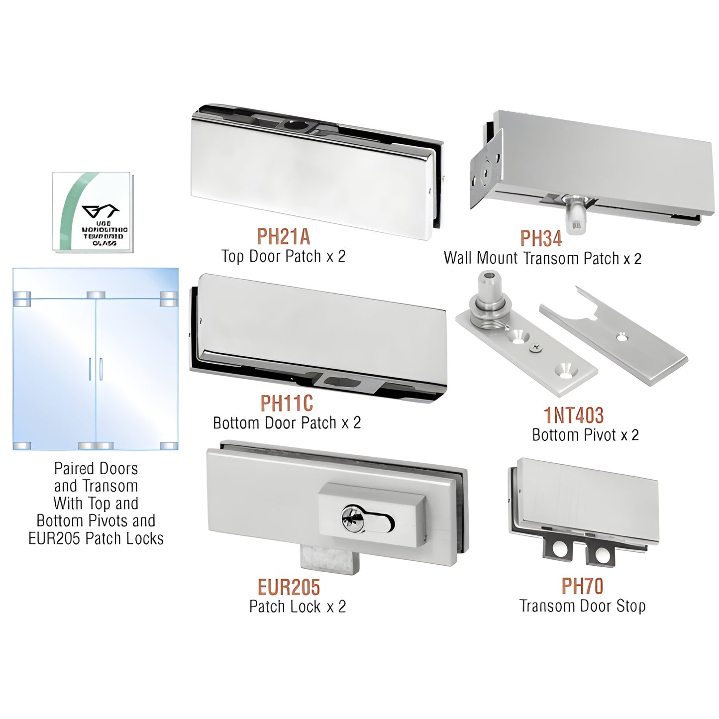 PHE6LBS double-door kit, brushed stainless patch fittings, transom patches, top/bottom patches, pivots and locks.