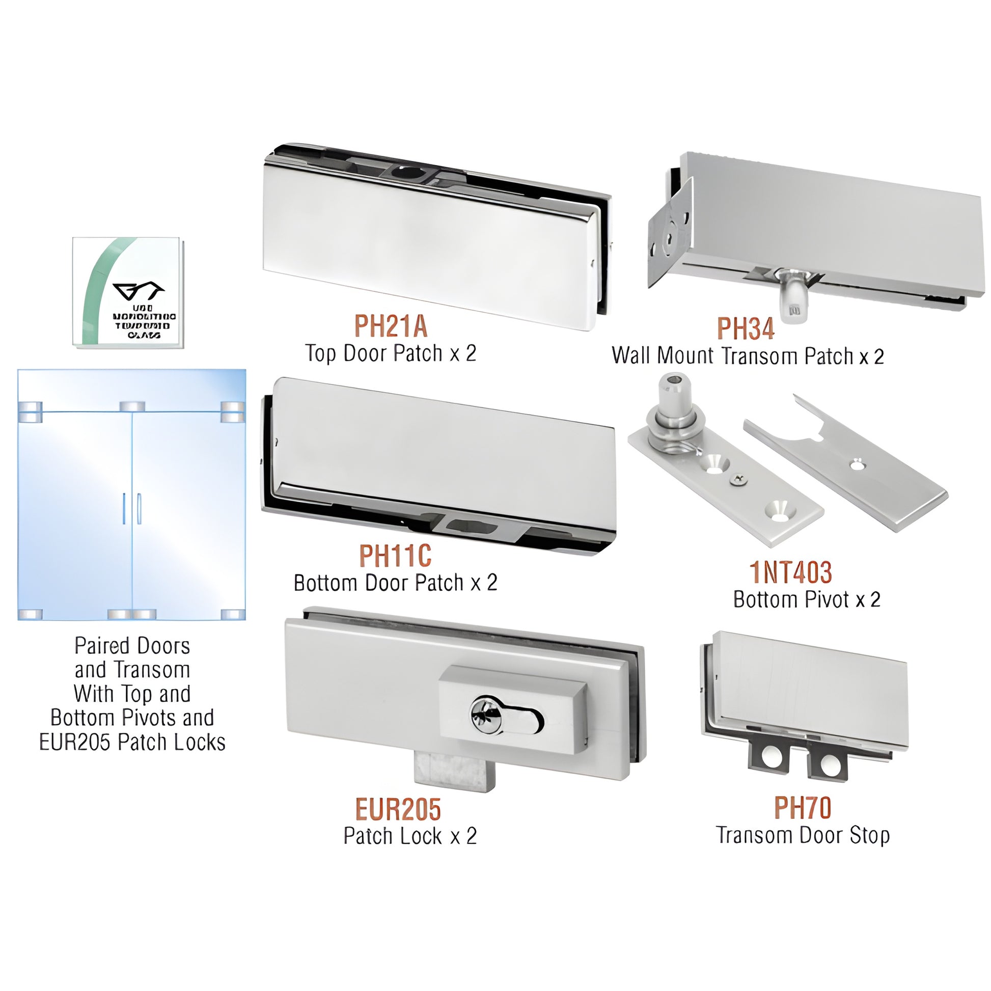 PHE6LBS double-door kit, brushed stainless patch fittings, transom patches, top/bottom patches, pivots and locks.